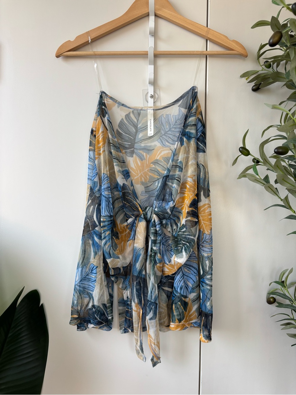 Chocolate Sheer Leaf-Print Blouse in Blue, Yellow & Green - Picture 3 of 5